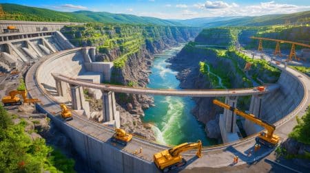Illustration de la construction du plus grand complexe de barrages hydroélectriques au monde sur le fleuve Yarlung Zangbo.