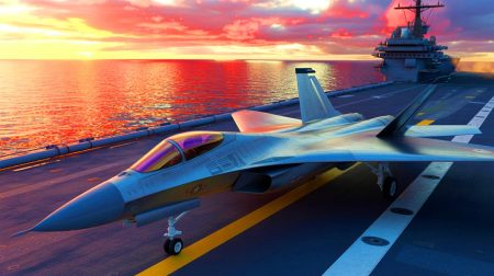 Illustration de la présentation du chasseur furtif F/A-XX de Boeing, conçu pour l'aviation navale de demain.