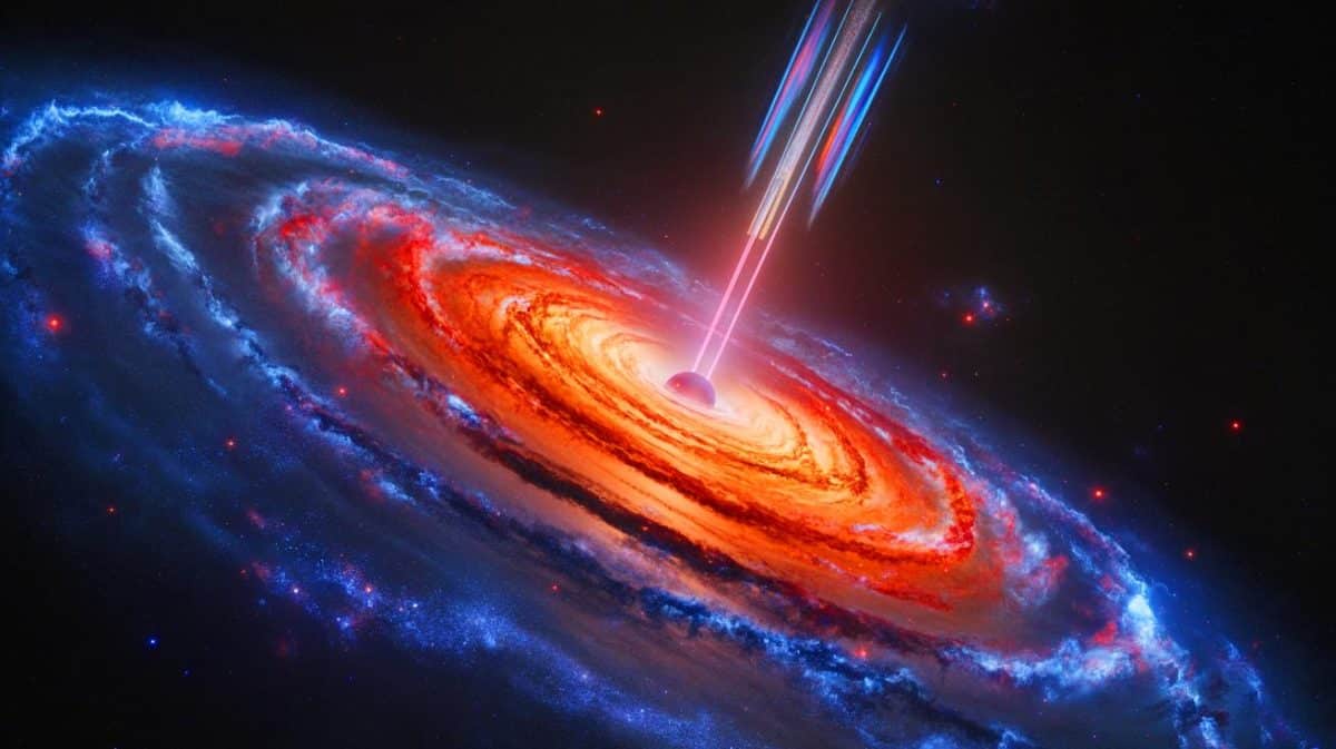 Illustration de la galaxie spirale géante 2MASX J23453268−0449256 émettant des jets radio défiant les théories galactiques.