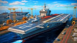 Illustration de la construction du MUGEM, futur porte-avions turc, symbole d'innovation et de puissance navale mondiale.