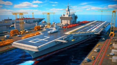 Illustration de la construction du MUGEM, futur porte-avions turc, symbole d'innovation et de puissance navale mondiale.