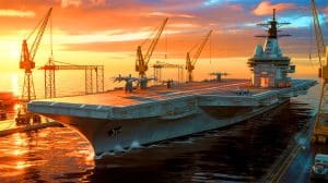 Illustration de la construction du porte-avions MUGEM dans les chantiers navals d'Istanbul.