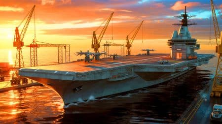 Illustration de la construction du porte-avions MUGEM dans les chantiers navals d'Istanbul.