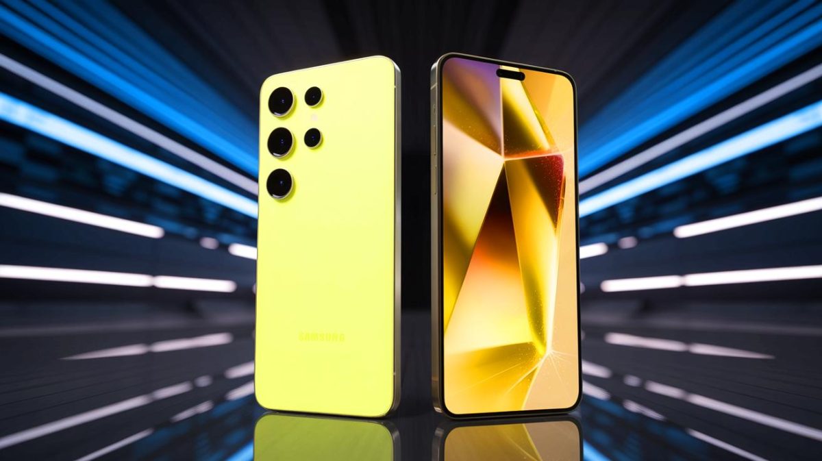 Illustration de la compétition technologique entre Apple et Samsung pour des smartphones plus fins et performants.