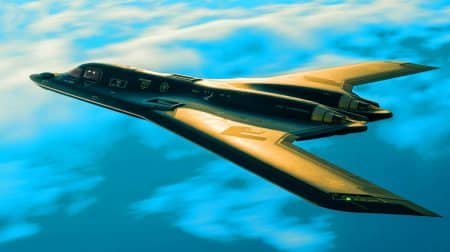 Illustration de la nouvelle technologie furtive du B-21 Raider en vol d'essai.