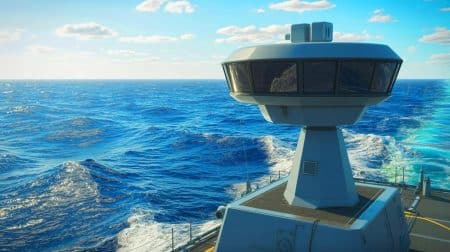 Illustration de la mise à l'épreuve du radar AN/SPY-6(V)4 de Raytheon dans un environnement maritime.