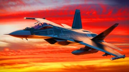 Illustration de l'avion de chasse F/A-XX de la US Navy intégrant des innovations en autonomie et intelligence artificielle.