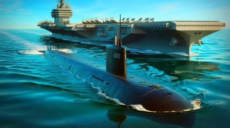 Illustration de la démonstration du sous-marin suédois Gotland face au porte-avions USS Ronald Reagan.