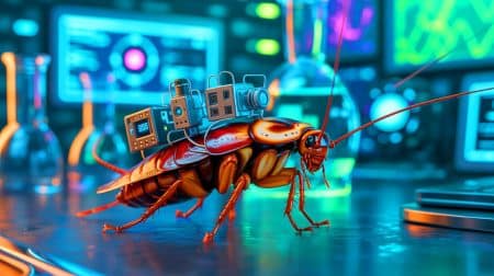 Illustration de cafards équipés de dispositifs technologiques pour des missions de surveillance.