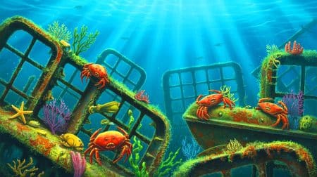 Illustration de la biodiversité marine prospérant sur des reliques de guerre submergées.