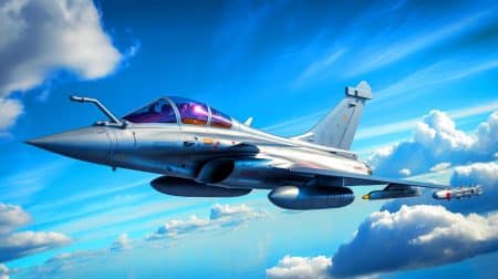 Illustration de l'avion de combat Rafale, fleuron de Dassault Aviation.