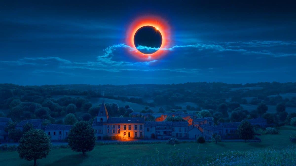 Illustration de l'éclipse solaire totale plongeant la France dans l'obscurité en 2081.