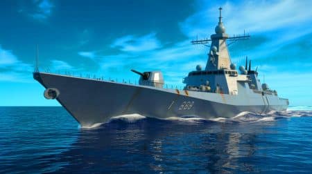 Illustration de la frégate FREEM incarnant la puissance navale française moderne.