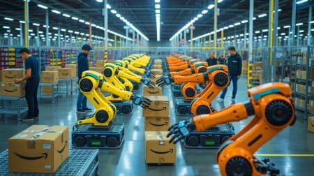 Illustration de l'efficacité logistique d'Amazon grâce à l'interaction entre robots et humains.