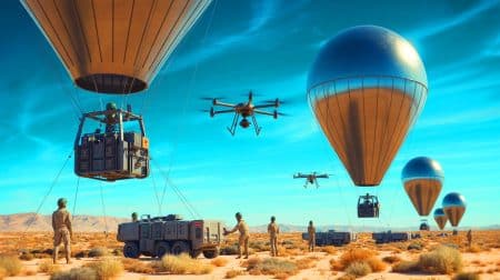 Illustration de l'utilisation de ballons et drones à hydrogène pour la surveillance militaire en Californie.