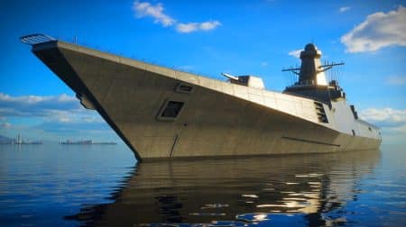 Illustration de la mise à l'eau du navire d'assaut révolutionnaire LCU 1710 par Austal USA.