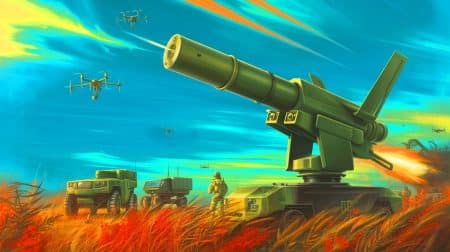 Illustration de la technologie Rapidfire Land utilisée pour la défense aérienne contre les drones et hélicoptères.