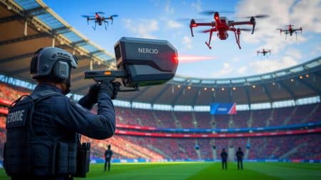 Illustration de la technologie Nerod utilisée pour neutraliser les drones lors des événements sportifs.
