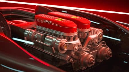 Illustration de l'innovation de Ferrari avec des pistons en forme de pilule pour des moteurs plus efficaces.