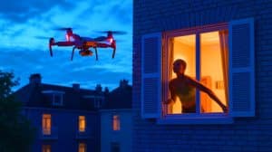 Illustration de la surveillance par drone et des préoccupations liées à la vie privée.