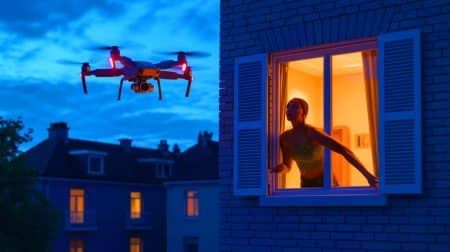 Illustration de la surveillance par drone et des préoccupations liées à la vie privée.
