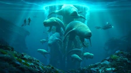 Illustration de la découverte de créatures géantes sous la croûte océanique.
