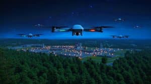Illustration de drones survolant la base militaire de Karup au Danemark.
