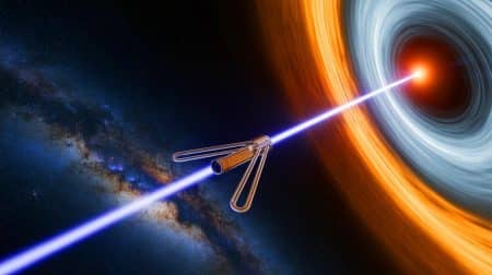 Illustration de la mission audacieuse d'envoyer une sonde vers un trou noir pour tester les limites de la physique.