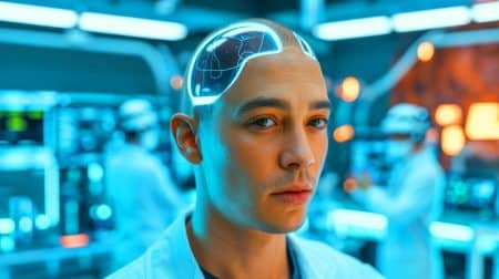 Illustration de l'implant cérébral N1 de Neuralink chez un patient.