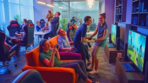 Illustration de l'impact positif des jeux vidéo sur la gestion du stress au travail.