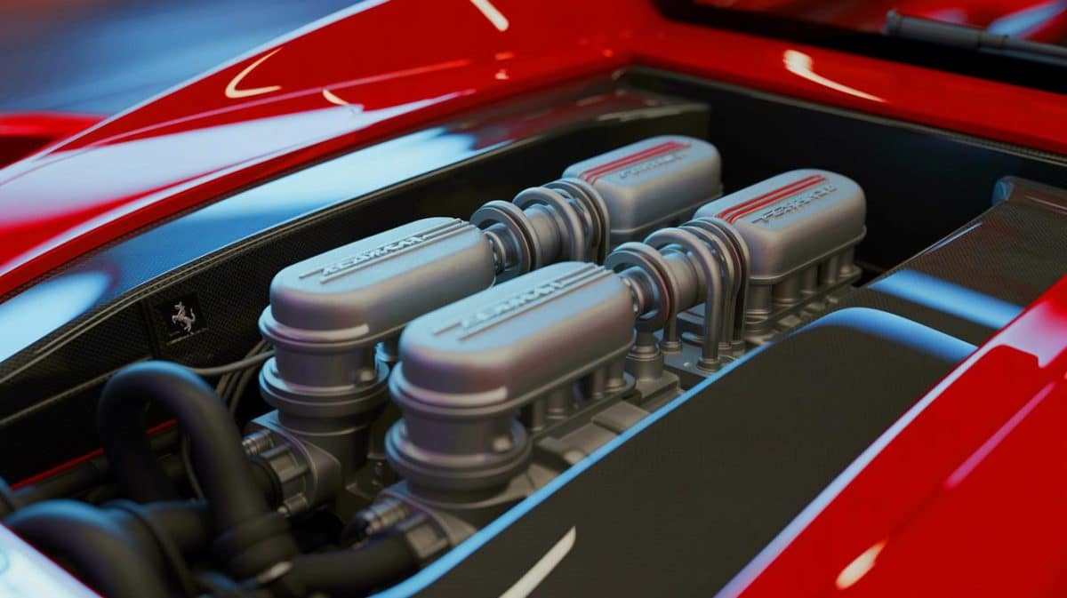 Illustration de l'innovation de Ferrari avec des pistons oblongs pour moteurs V12.