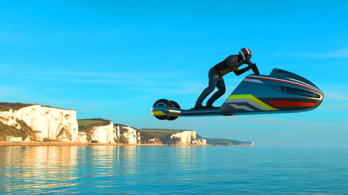 Illustration de Franky Zapata tentant de traverser la Manche avec son Air Scooter.