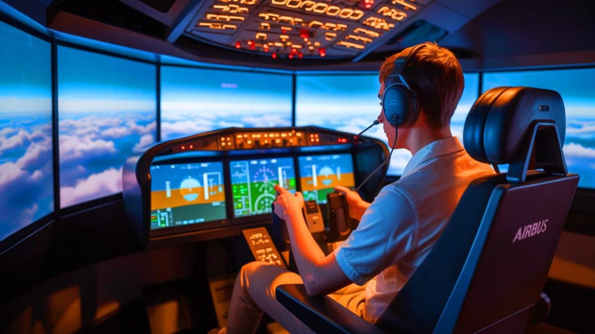 Illustration de l'utilisation de Flight Simulator par un pilote professionnel pour se former à l'Airbus A350.