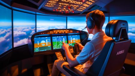Illustration de l'utilisation de Flight Simulator par un pilote professionnel pour se former à l'Airbus A350.