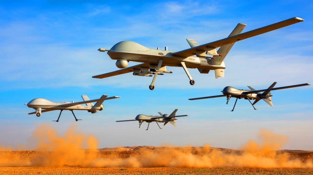 « Les meilleurs drones de combat en 2025 » : comparatif des modèles les plus rapides, furtifs et puissants du marché Illustration de drones de combat modernes en action sur le champ de bataille.