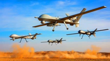 Illustration de drones de combat modernes en action sur le champ de bataille.