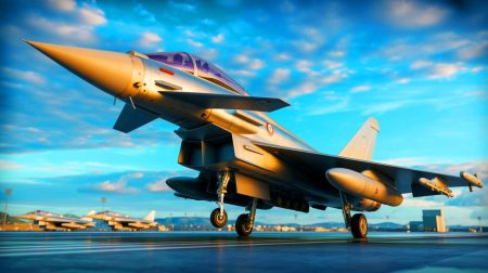 Illustration de l'Espagne renforçant sa flotte par l'acquisition de nouveaux Eurofighter.