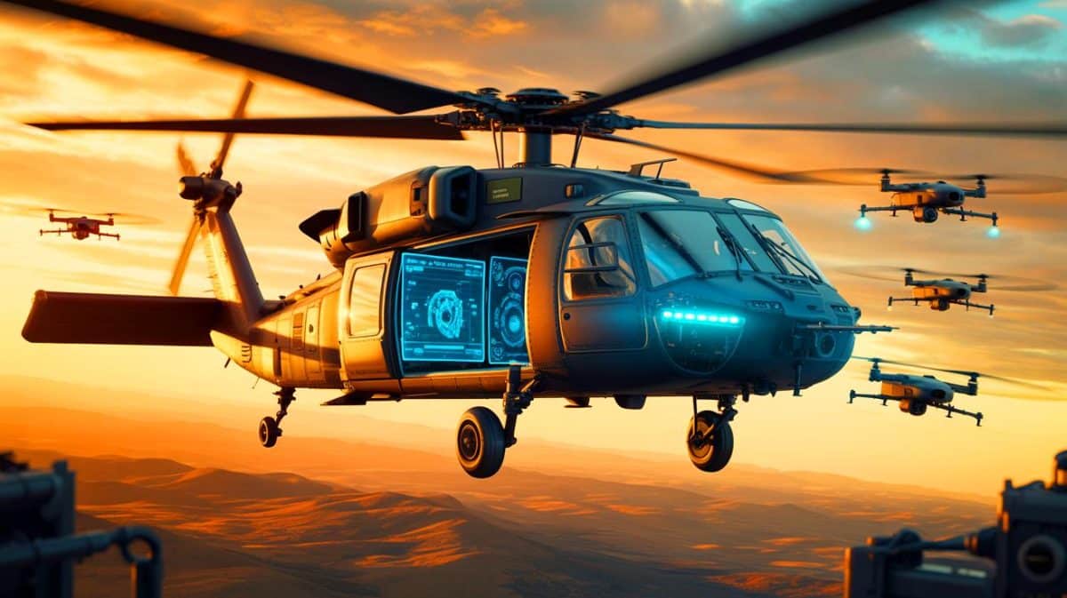 « L’US Army modernise ses Black Hawk pour contrôler des drones » : une nouvelle capacité qui change la guerre aérienne Illustration de la modernisation des hélicoptères UH-60 Black Hawk avec intégration de drones.