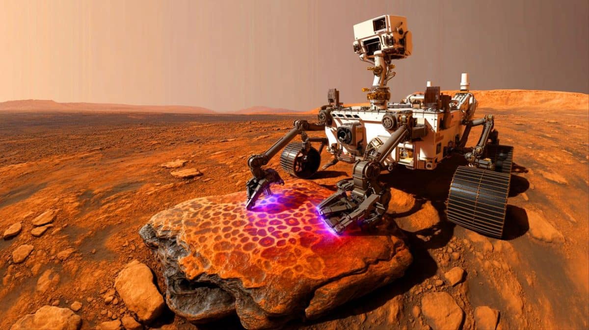 Illustration de la découverte par le rover Perseverance d'une roche martienne potentiellement porteuse de traces de vie ancienne.