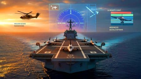 Illustration de la flotte de porte-avions américains dominant les océans avec puissance et innovation technologique.