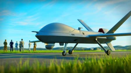 Illustration de la présentation du drone militaire « Aarok » par la société Turgis et Gaillard en présence du ministre des Armées.