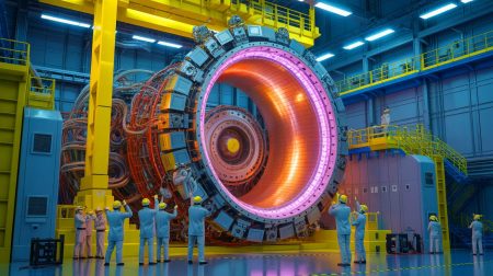 Illustration de la construction du solénoïde central pour l'ITER par General Atomics.