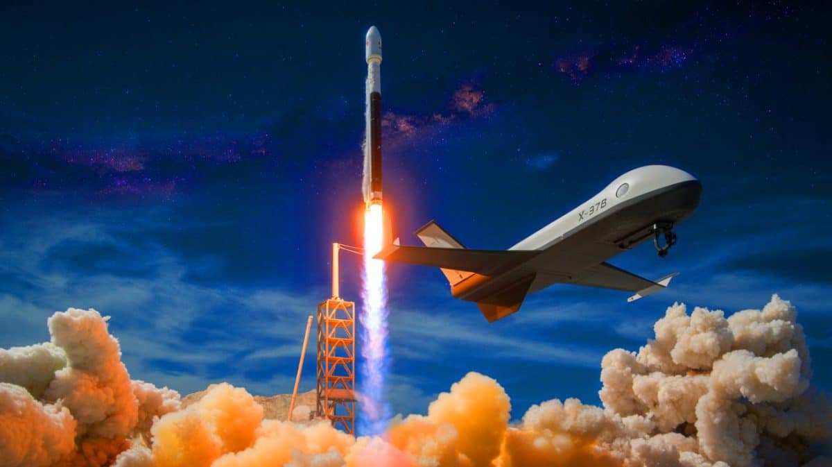 Illustration de la mise en orbite du drone spatial X-37B par SpaceX pour des missions militaires.