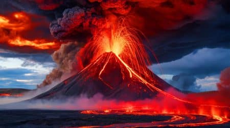 Illustration de l'activité éruptive potentielle d'un supervolcan et ses conséquences climatiques globales.