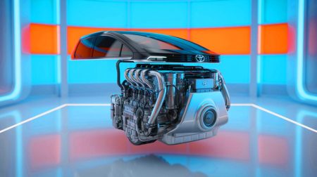 Illustration de l'innovation de Toyota avec un moteur fonctionnant à l'ammoniac réduisant les émissions polluantes.