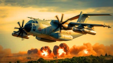 Illustration de l'A400 M d'Airbus en configuration de transport militaire et potentiel de combat.