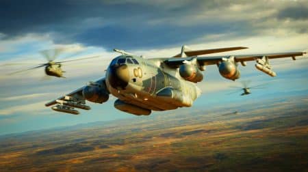 Illustration de l'A400 M d'Airbus en tant qu'avion de combat lourd polyvalent.