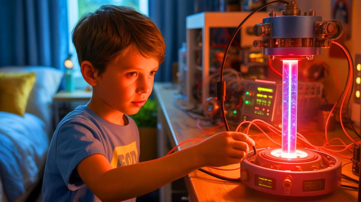 Un enfant de 12 ans défie la science : son réacteur nucléaire maison attire l’attention du FBI Illustration de Jackson Oswalt réalisant une expérience de fusion nucléaire dans sa chambre.