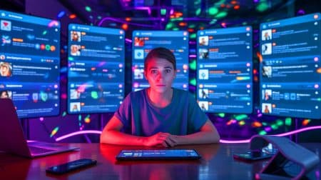 Illustration de la dépendance moderne aux réseaux sociaux et ses implications sur notre quotidien.