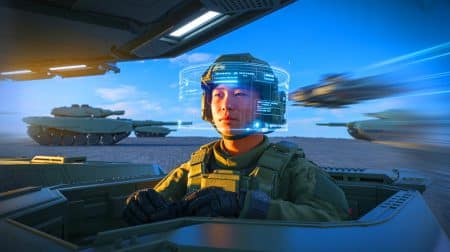 Illustration de casques de réalité augmentée utilisés par l'armée chinoise pour améliorer la perception du champ de bataille.